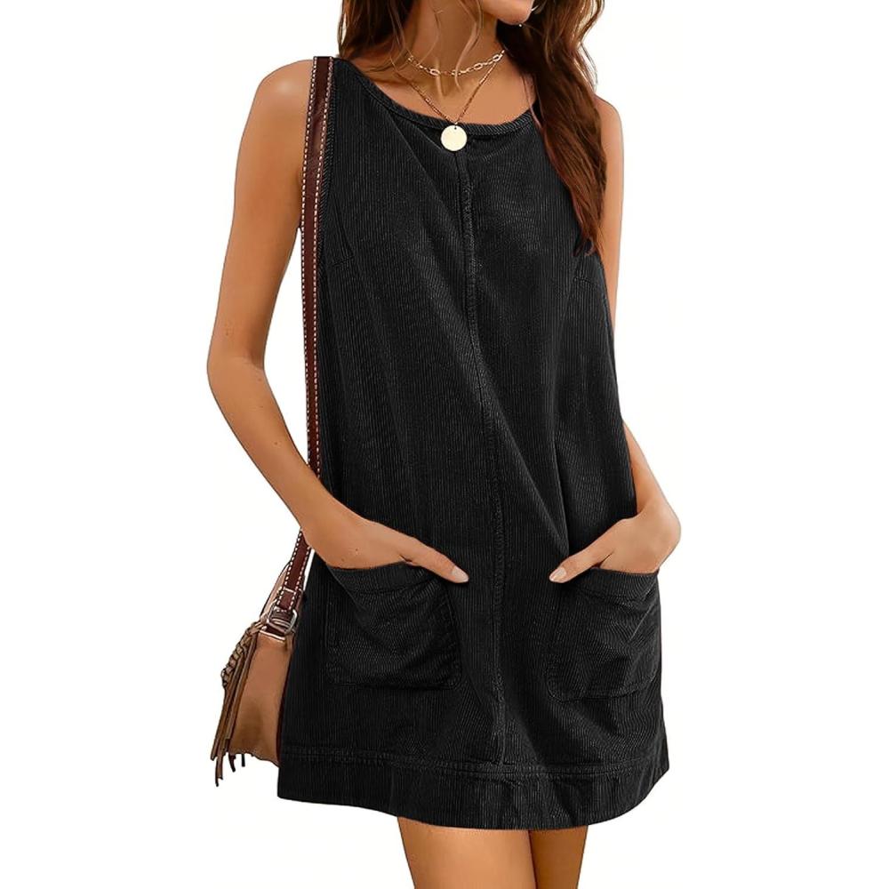 imageHooever Womens Corduroy Overall Dress Round Neck A Line Skirtall Jumper Mini Dress Pinafore with PocketsBlack