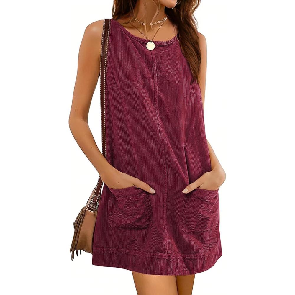 imageHooever Womens Corduroy Overall Dress Round Neck A Line Skirtall Jumper Mini Dress Pinafore with PocketsWinered