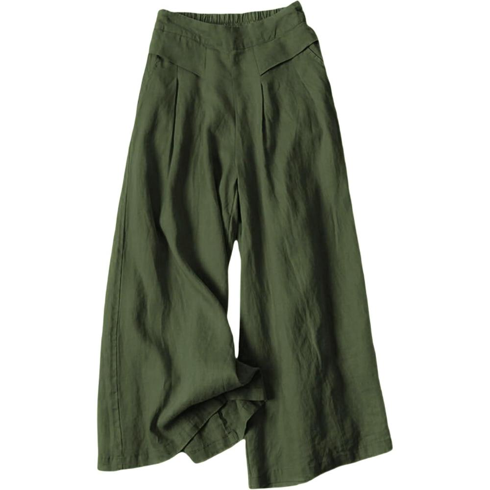 imageHooever Womens Cotton Linen Culottes Pants Elastic Waist Wide Leg Palazzo Trousers Capri PantArmygreen