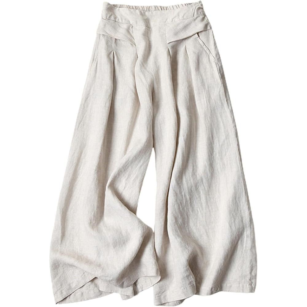 imageHooever Womens Cotton Linen Culottes Pants Elastic Waist Wide Leg Palazzo Trousers Capri PantBeige