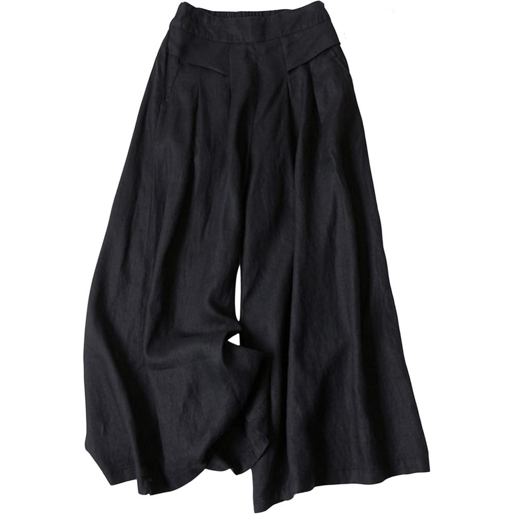 imageHooever Womens Cotton Linen Culottes Pants Elastic Waist Wide Leg Palazzo Trousers Capri PantBlack