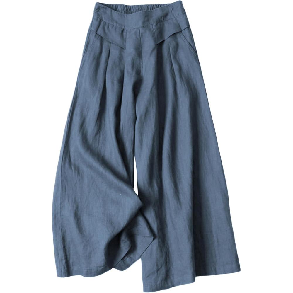 imageHooever Womens Cotton Linen Culottes Pants Elastic Waist Wide Leg Palazzo Trousers Capri PantBlue