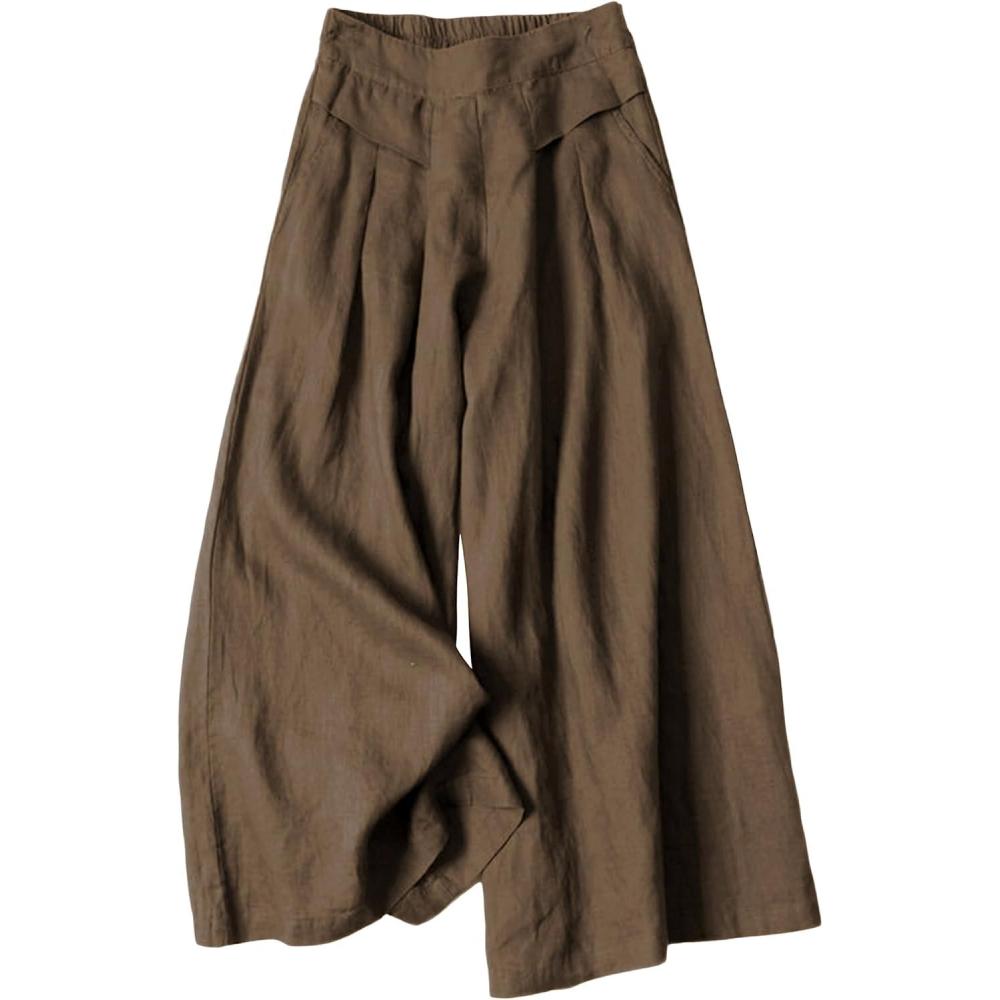 imageHooever Womens Cotton Linen Culottes Pants Elastic Waist Wide Leg Palazzo Trousers Capri PantDarkkhaki