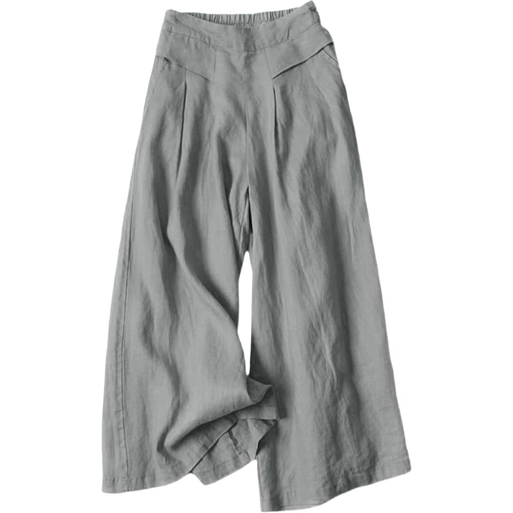 imageHooever Womens Cotton Linen Culottes Pants Elastic Waist Wide Leg Palazzo Trousers Capri PantGrey
