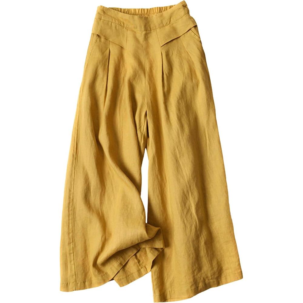 imageHooever Womens Cotton Linen Culottes Pants Elastic Waist Wide Leg Palazzo Trousers Capri PantYellow