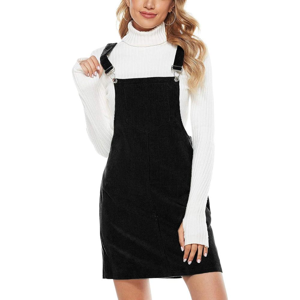 imageHooever Womens Cute Corduroy Overall Bib Dress Pinafore Suspender Dress Skirt JumperBlackdress