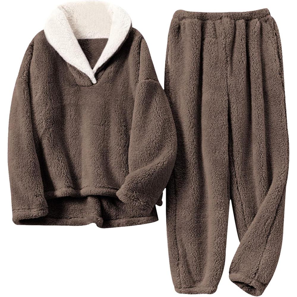 imageHooever Womens Fluzzy Sherpa Fleece Pajamas Warm Pullover Lapel Sleepwear SetsBrown
