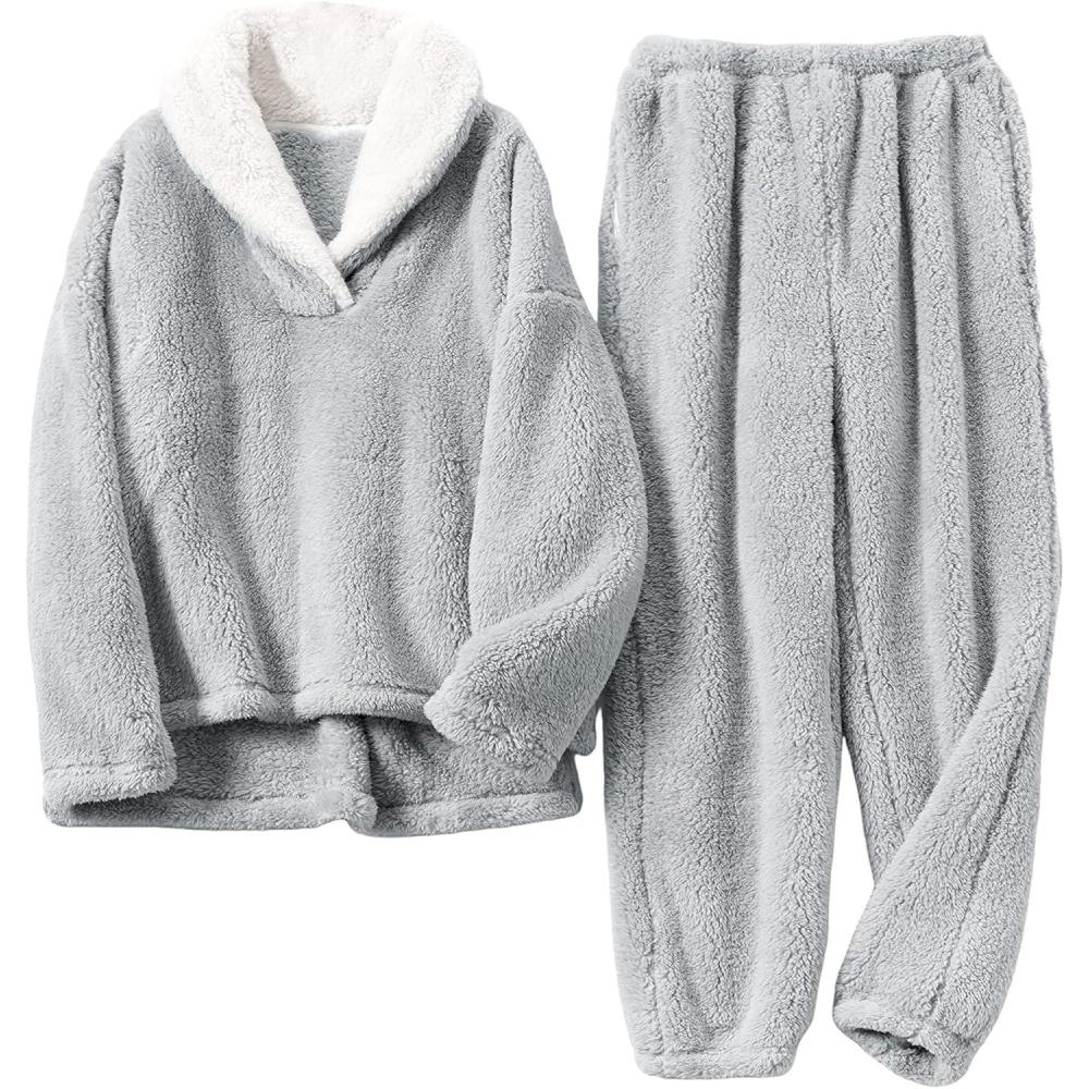 imageHooever Womens Fluzzy Sherpa Fleece Pajamas Warm Pullover Lapel Sleepwear SetsGrey