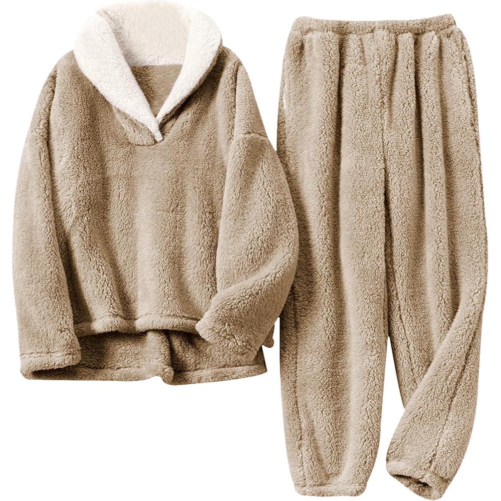 imageHooever Womens Fluzzy Sherpa Fleece Pajamas Warm Pullover Lapel Sleepwear SetsKhaki