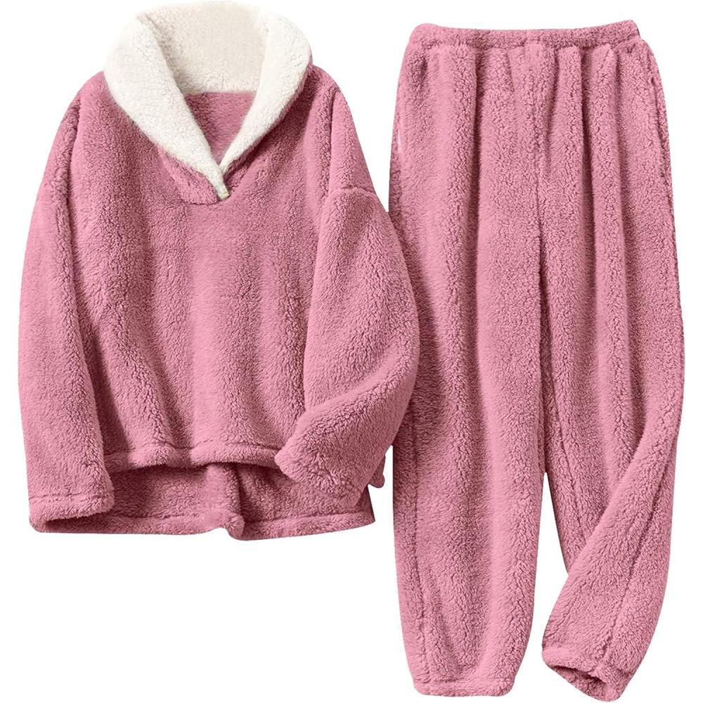 imageHooever Womens Fluzzy Sherpa Fleece Pajamas Warm Pullover Lapel Sleepwear SetsPink