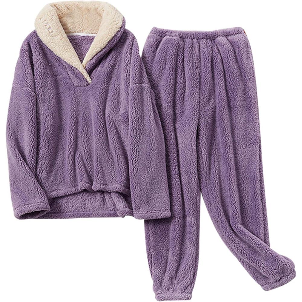 imageHooever Womens Fluzzy Sherpa Fleece Pajamas Warm Pullover Lapel Sleepwear SetsPurple