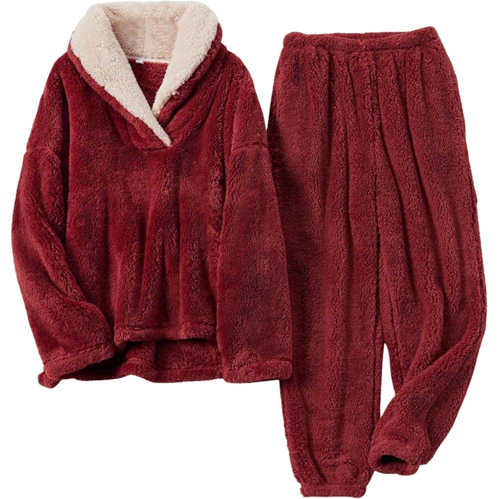 imageHooever Womens Fluzzy Sherpa Fleece Pajamas Warm Pullover Lapel Sleepwear SetsRed