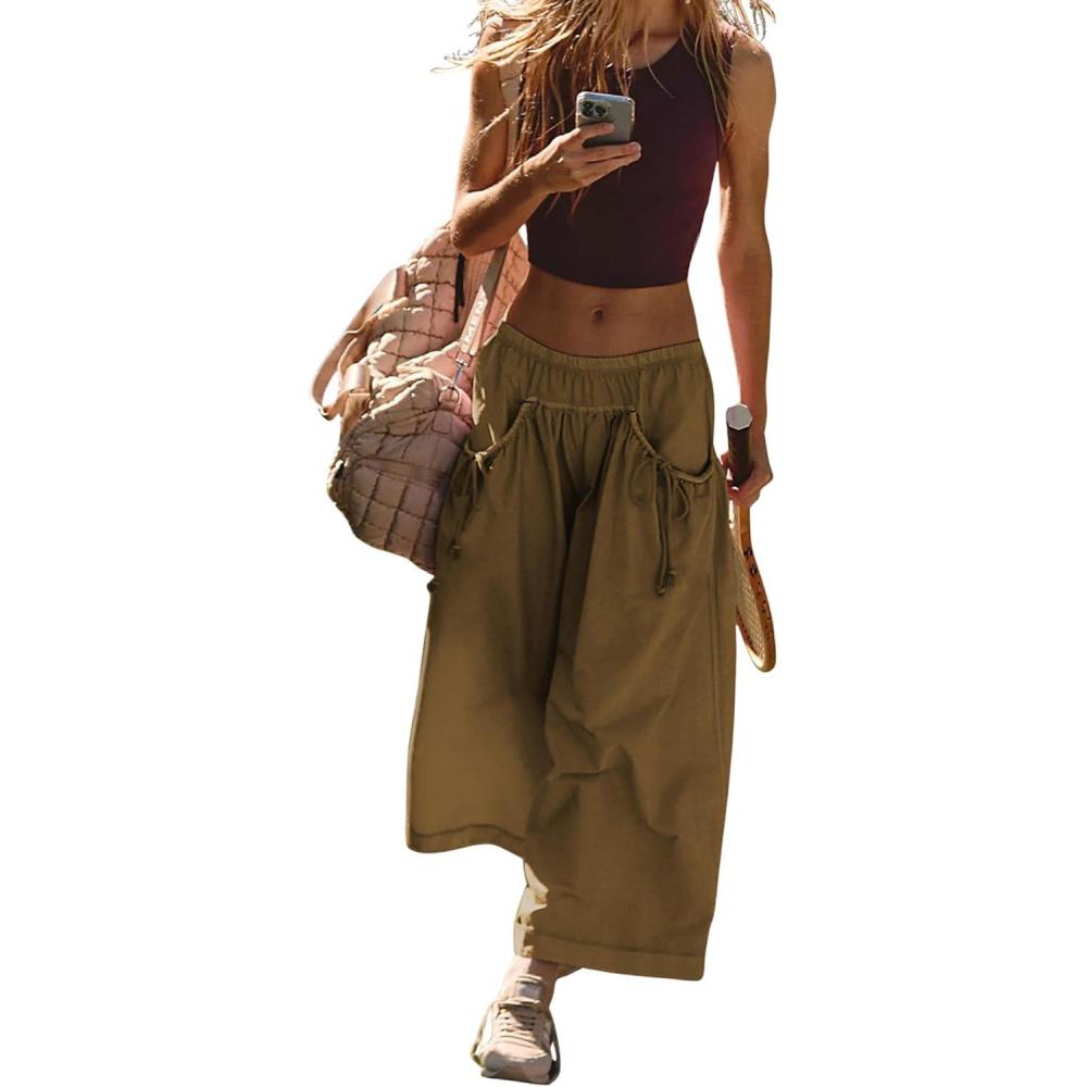 imageHooever Womens Loose Wide Leg Track Pants Drawstring Pockets Elastic Waist Capri Hiking PantsDarkkhaki