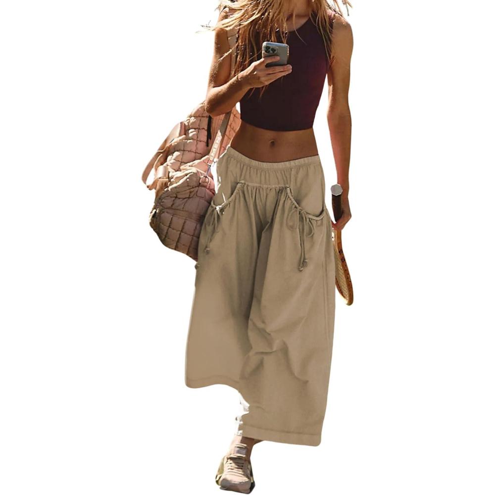imageHooever Womens Loose Wide Leg Track Pants Drawstring Pockets Elastic Waist Capri Hiking PantsKhaki