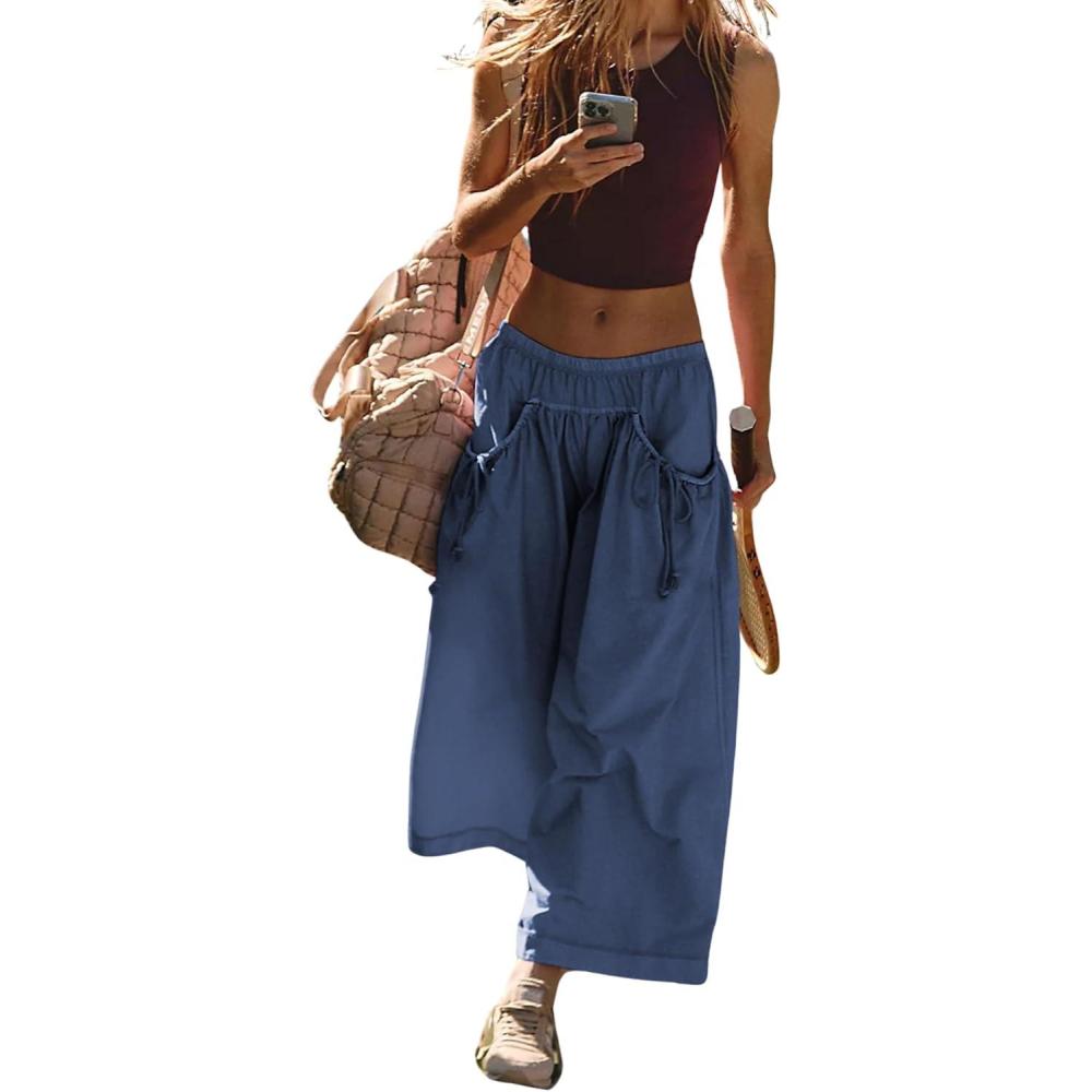 imageHooever Womens Loose Wide Leg Track Pants Drawstring Pockets Elastic Waist Capri Hiking PantsNavyblue