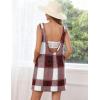 Hooever Plaid Overall Dress for Women Round Neck A Line Skirtall Jumper Mini Dress Pinafore with Pockets(Wine)