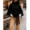 Hooever Women Batwing Sleeve Ponchos Pea Coat Wool Bland Stand Collar Jacket Winter Cropped Overcoat(Black)