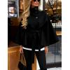 Hooever Women Batwing Sleeve Ponchos Pea Coat Wool Bland Stand Collar Jacket Winter Cropped Overcoat(Black)