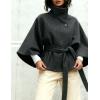 Hooever Women Batwing Sleeve Ponchos Pea Coat Wool Bland Stand Collar Jacket Winter Cropped Overcoat(Darkgrey)