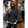 Hooever Women Batwing Sleeve Ponchos Pea Coat Wool Bland Stand Collar Jacket Winter Cropped Overcoat(Darkgrey)