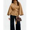 Hooever Women Batwing Sleeve Ponchos Pea Coat Wool Bland Stand Collar Jacket Winter Cropped Overcoat(Khaki)