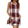 Hooever Plaid Overall Dress for Women Round Neck A Line Skirtall Jumper Mini Dress Pinafore with Pockets(Wine)