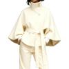 Hooever Women Batwing Sleeve Ponchos Pea Coat Wool Bland Stand Collar Jacket Winter Cropped Overcoat(Beige)