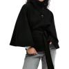 Hooever Women Batwing Sleeve Ponchos Pea Coat Wool Bland Stand Collar Jacket Winter Cropped Overcoat(Black)