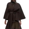 Hooever Women Batwing Sleeve Ponchos Pea Coat Wool Bland Stand Collar Jacket Winter Cropped Overcoat(Brown)