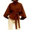 Hooever Women Batwing Sleeve Ponchos Pea Coat Wool Bland Stand Collar Jacket Winter Cropped Overcoat(Caramel)