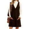 Hooever Women Corduroy Overall Dress V Neck A Line Skirtall Jumper Mini Dress Pinafore with Pockets(Brown)