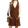 Hooever Women Corduroy Overall Dress V Neck A Line Skirtall Jumper Mini Dress Pinafore with Pockets(Khaki)