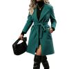 Hooever Women’s Double Breasted Wool Blend Coat Winter Notched Lapel Belted Peacoat Mid Long Jacket(Teal)