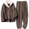 Hooever Women’s Fluzzy Sherpa Fleece Pajamas Warm Pullover Lapel Sleepwear Sets(Brown)