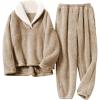 Hooever Women’s Fluzzy Sherpa Fleece Pajamas Warm Pullover Lapel Sleepwear Sets(Khaki)