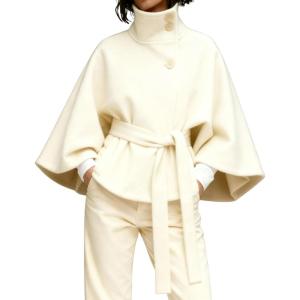Hooever Women Batwing Sleeve Ponchos Pea Coat Wool Bland Stand Collar Jacket Winter Cropped Overcoat(Beige)