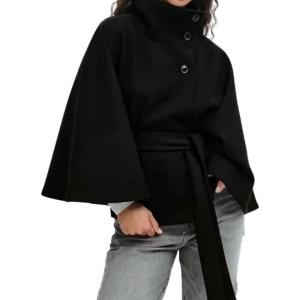 Hooever Women Batwing Sleeve Ponchos Pea Coat Wool Bland Stand Collar Jacket Winter Cropped Overcoat(Black)