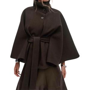 Hooever Women Batwing Sleeve Ponchos Pea Coat Wool Bland Stand Collar Jacket Winter Cropped Overcoat(Brown)