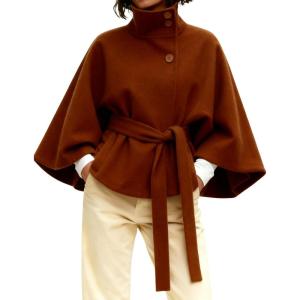 Hooever Women Batwing Sleeve Ponchos Pea Coat Wool Bland Stand Collar Jacket Winter Cropped Overcoat(Caramel)