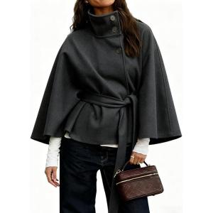 Hooever Women Batwing Sleeve Ponchos Pea Coat Wool Bland Stand Collar Jacket Winter Cropped Overcoat(Darkgrey)