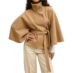 Hooever Women Batwing Sleeve Ponchos Pea Coat Wool Bland Stand Collar Jacket Winter Cropped Overcoat(Khaki)