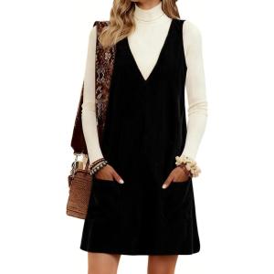 Hooever Women Corduroy Overall Dress V Neck A Line Skirtall Jumper Mini Dress Pinafore with Pockets(Black)