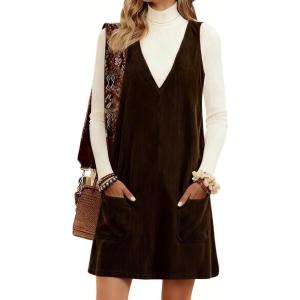 Hooever Women Corduroy Overall Dress V Neck A Line Skirtall Jumper Mini Dress Pinafore with Pockets(Brown)