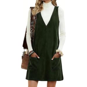 Hooever Women Corduroy Overall Dress V Neck A Line Skirtall Jumper Mini Dress Pinafore with Pockets(Green)