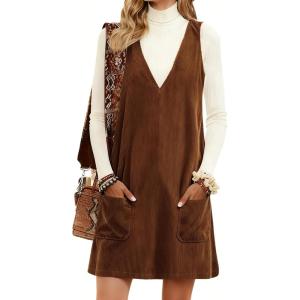 Hooever Women Corduroy Overall Dress V Neck A Line Skirtall Jumper Mini Dress Pinafore with Pockets(Khaki)