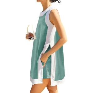 Hooever Women’s 2 Piece Sets Casual Color Block Crewneck Short Sleeve Pullover Tops Matching Shorts with Pockets(Lakegreen)