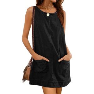 Hooever Women’s Corduroy Overall Dress Round Neck A Line Skirtall Jumper Mini Dress Pinafore with Pockets(Black)
