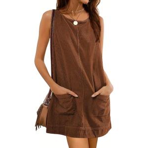 Hooever Women’s Corduroy Overall Dress Round Neck A Line Skirtall Jumper Mini Dress Pinafore with Pockets(Brown)