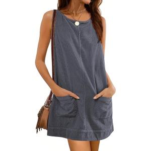 Hooever Women’s Corduroy Overall Dress Round Neck A Line Skirtall Jumper Mini Dress Pinafore with Pockets(Darkgrey)