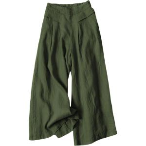 Hooever Women’s Cotton Linen Culottes Pants Elastic Waist Wide Leg Palazzo Trousers Capri Pant(Armygreen)